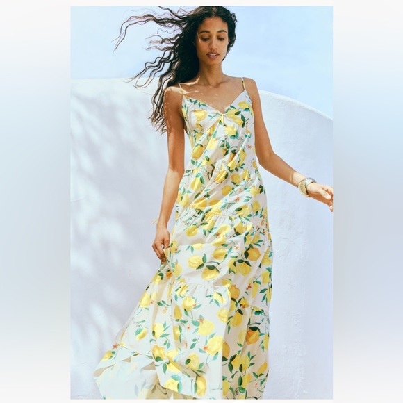 Tiered Lemon Print Summer Voluminous Maxi Midi Dress - Picture 2 of 7